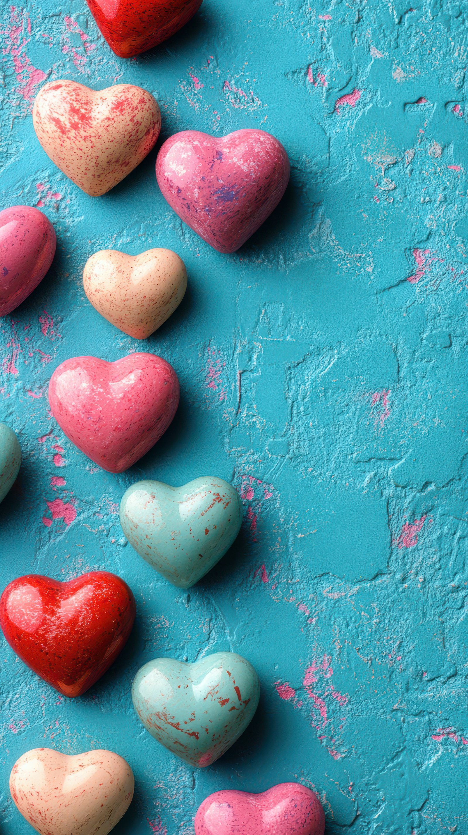 Colorful heart-shaped stones arranged artfully on a textured turquoise surface in a creative display